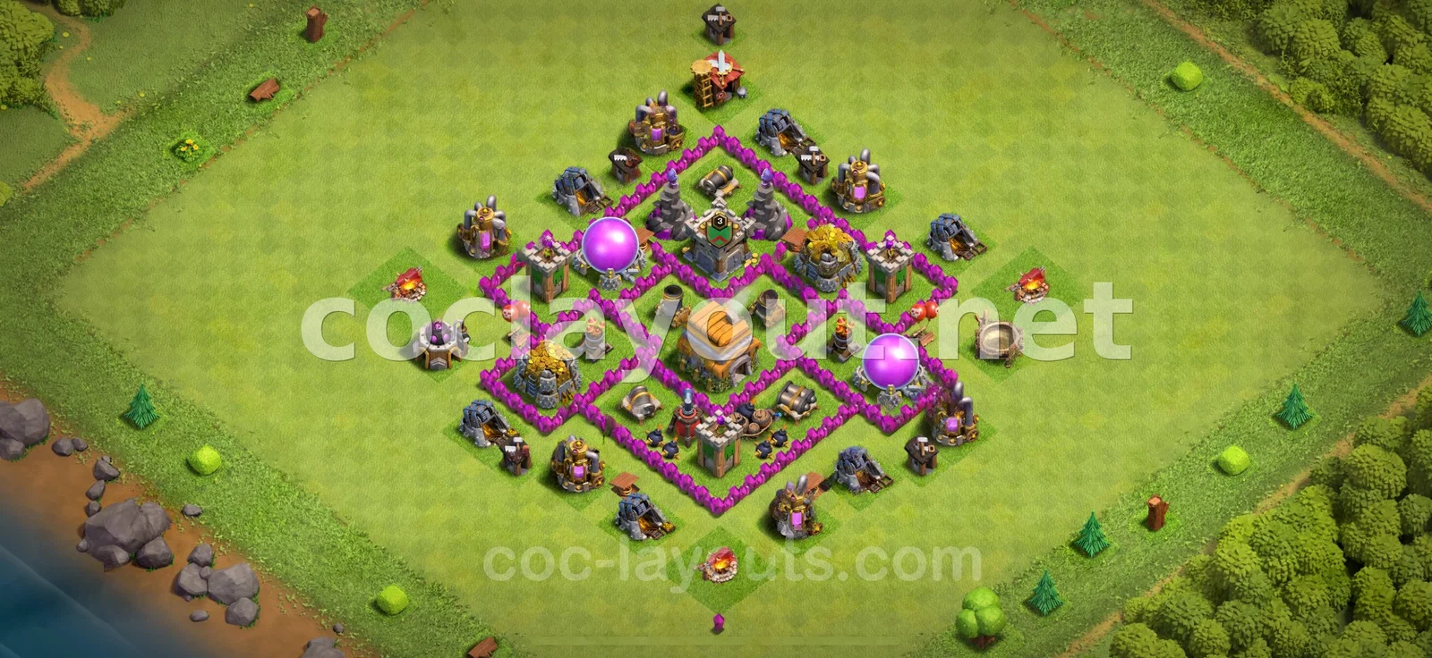 Защитная гибридная база TH6 для ресурсов и кубков – превью расстановки TH6