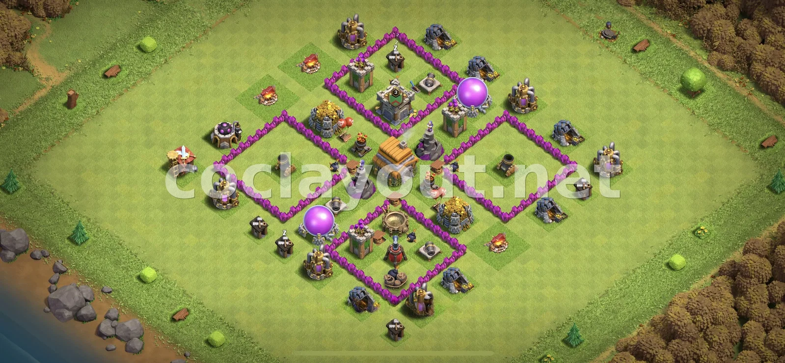 Plan de village base hybride TH6 : trophées et ressources – aperçu du plan TH6