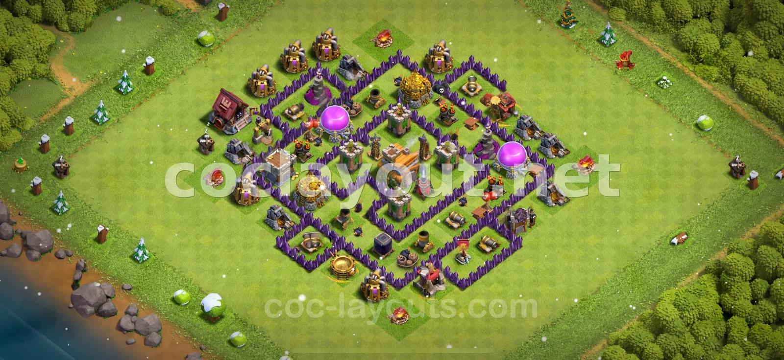 أفضل قاعدة هجينة لمركز القرية TH7 لحماية الموارد والكؤوس – معاينة تصميم TH7